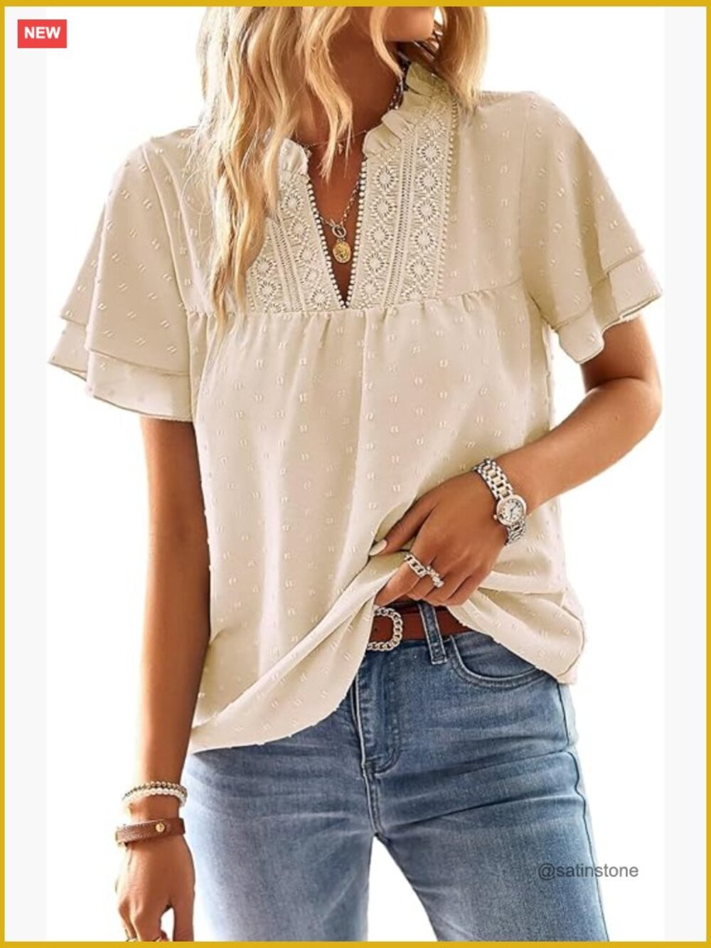 Butterfly Sleeve V Neck Swiss Dot Blouse Dressy Casual Ruffle Short Sleeve Top